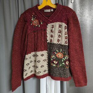 Vintage Croft & Barrow Maroon Knit Sweater Chunky Fall Floral Large Cozy Acrylic